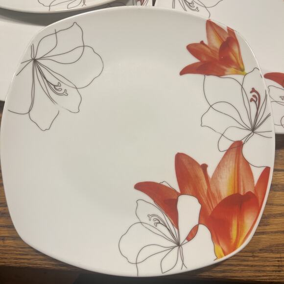 SET OF 7 Tabletops Gallery LILY Square Dinner Plates 10” Red Flower Minimalst EX - Picture 7 of 12